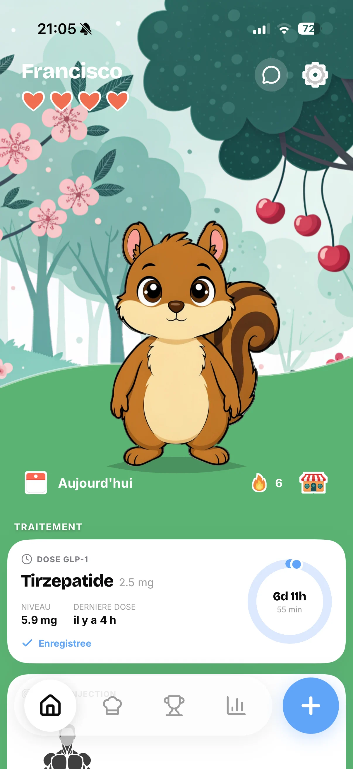 Écran profil Mello avec un écureuil personnalisé et les calories du jour